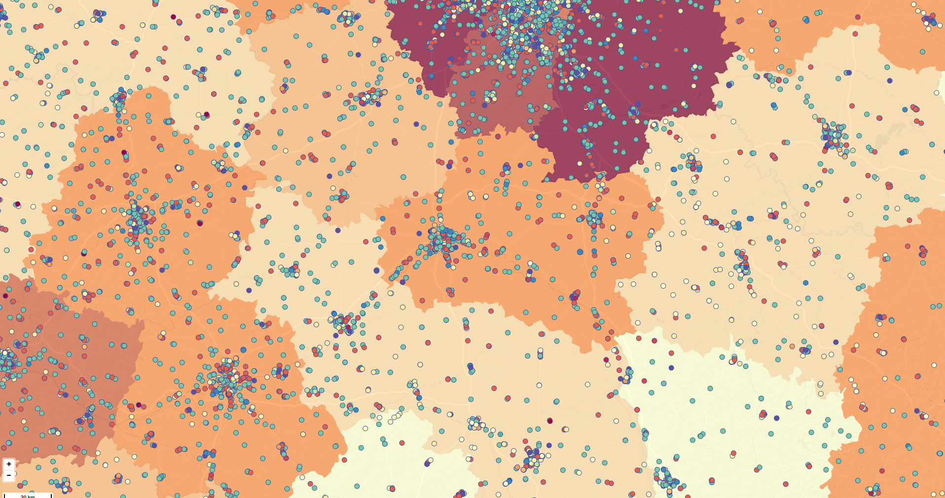 Geo-marketing choropleth map of the automotive aftermarket, showing garage density and regional potential