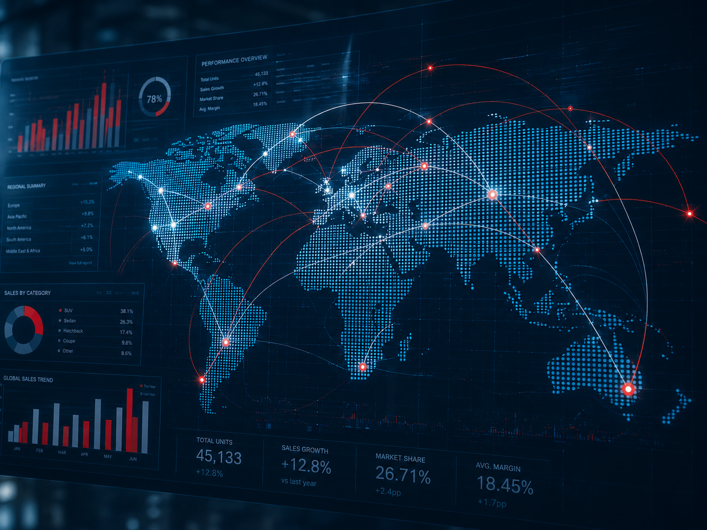 Automotive global sales dashboard showing regional performance