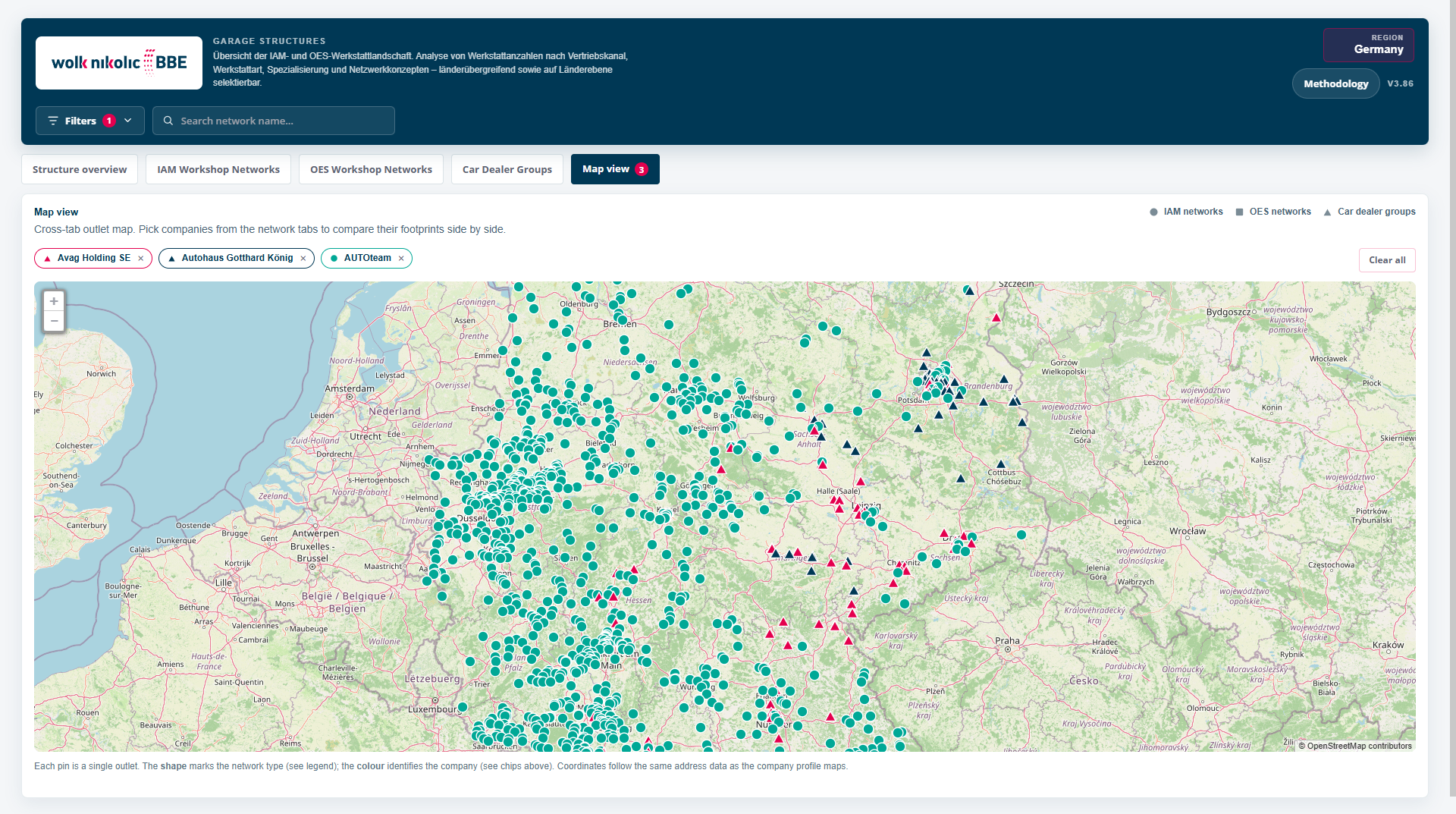 Workshop and wholesaler addresses on a map