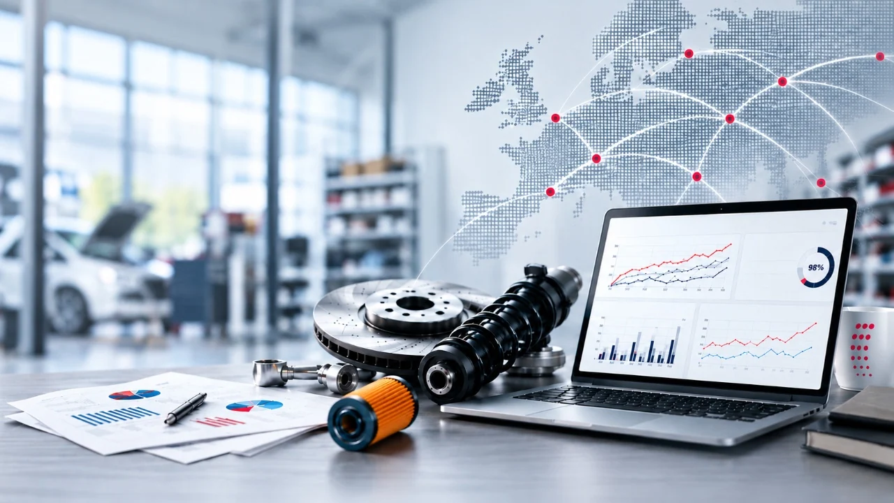 Automotive-Ersatzteile neben einem Laptop mit Preisanalyse-Charts und einer europäischen Aftermarket-Netzwerkkarte.